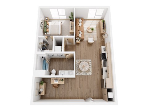 A top-down view of a small, neatly organized apartment with a kitchen, living room, and bathroom.